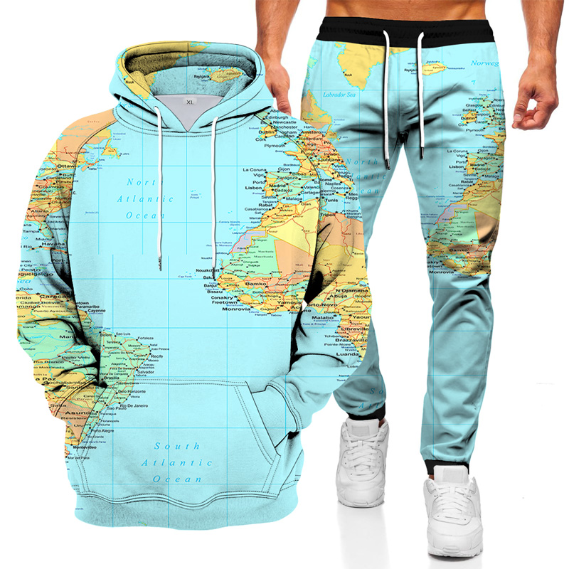 Best Sale Custom Map Pattern Oversized Hoodie Pants Set Pullover Hooded Sweatshirt With Pockets Men Casual Sweatpants Hoodie Set