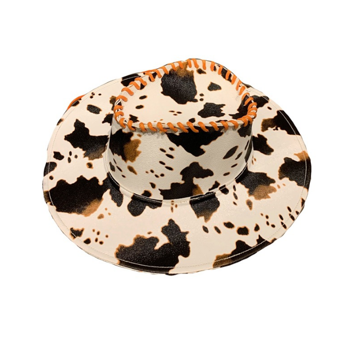 Wholesale PU Leather Western Style Cowhide Print Women Hat