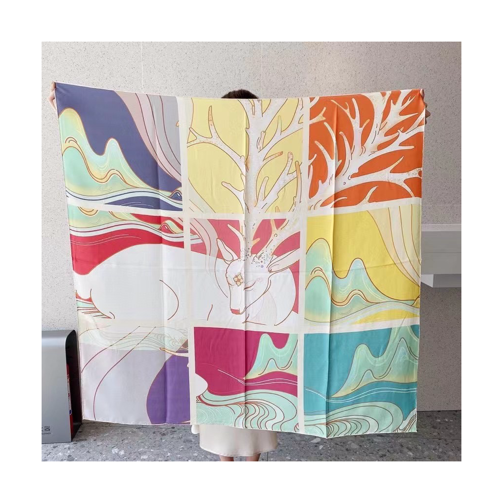 Lightweight Soft Silk Print Scarf Myth Elk Pattern Women's Printed Square Scarf Shawl