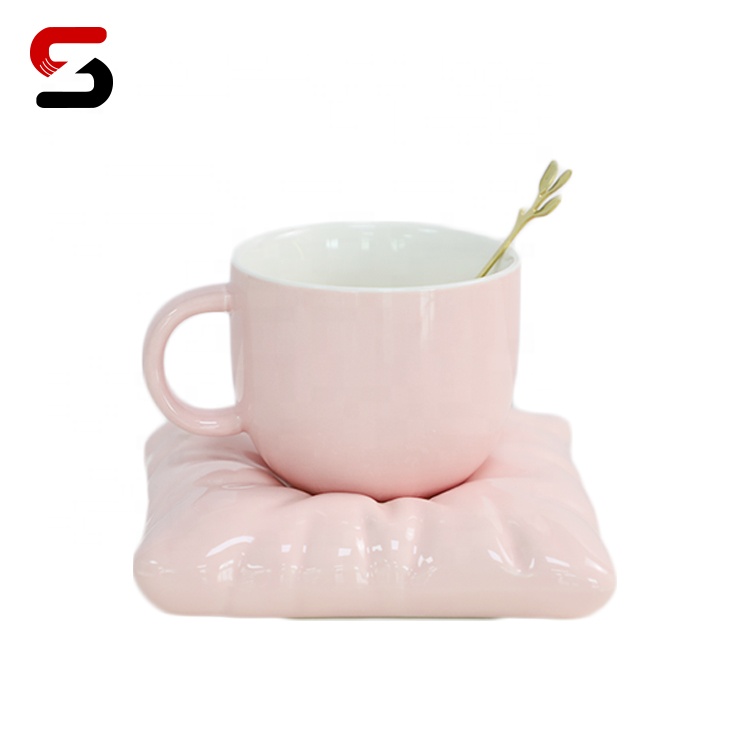 Egrand Creative Macaron Color Pillow Porcelain Tea Cups Nordic Couple Ceramic Coffee Mug And Saucer Gift Set with Custom Logo