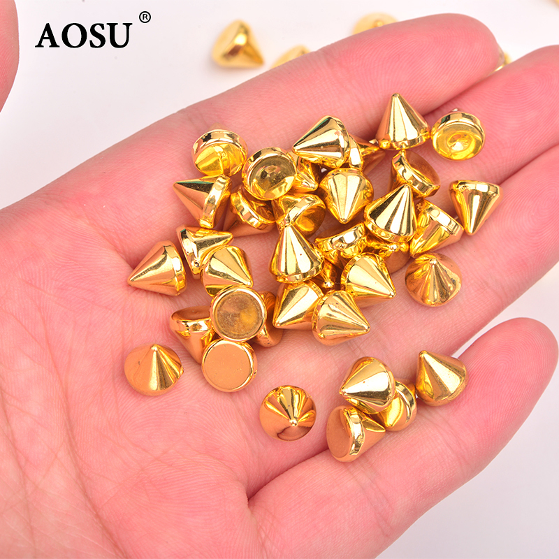 AOSU 8mm Gold Color Studs Spikes Plastic Decorative Rivet Cone Punk Rivets For Leather Clothing Shoes Bags Decoration