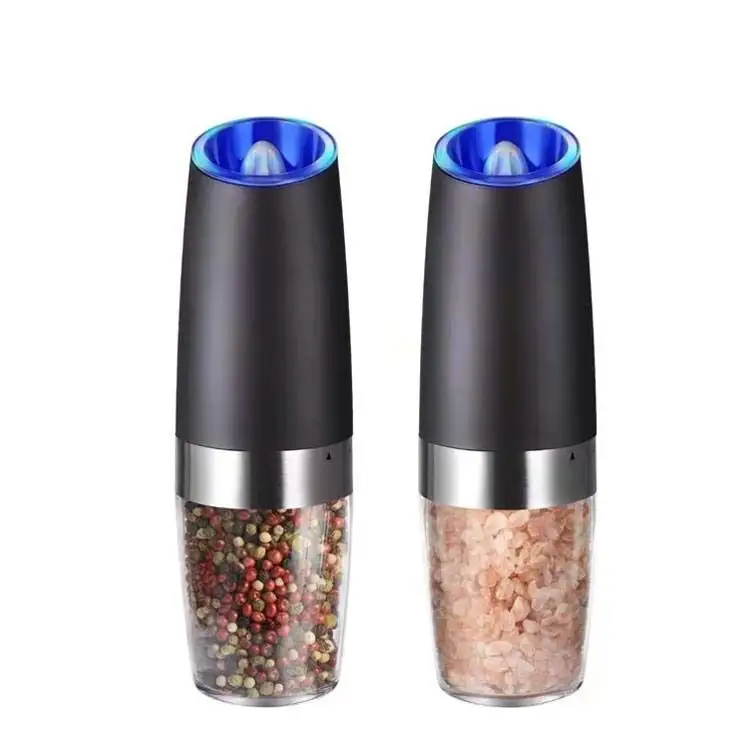 Electric gravity salt and pepper grinder set spice jar rechargeable Black pepper mill grinder with blue light and stand
