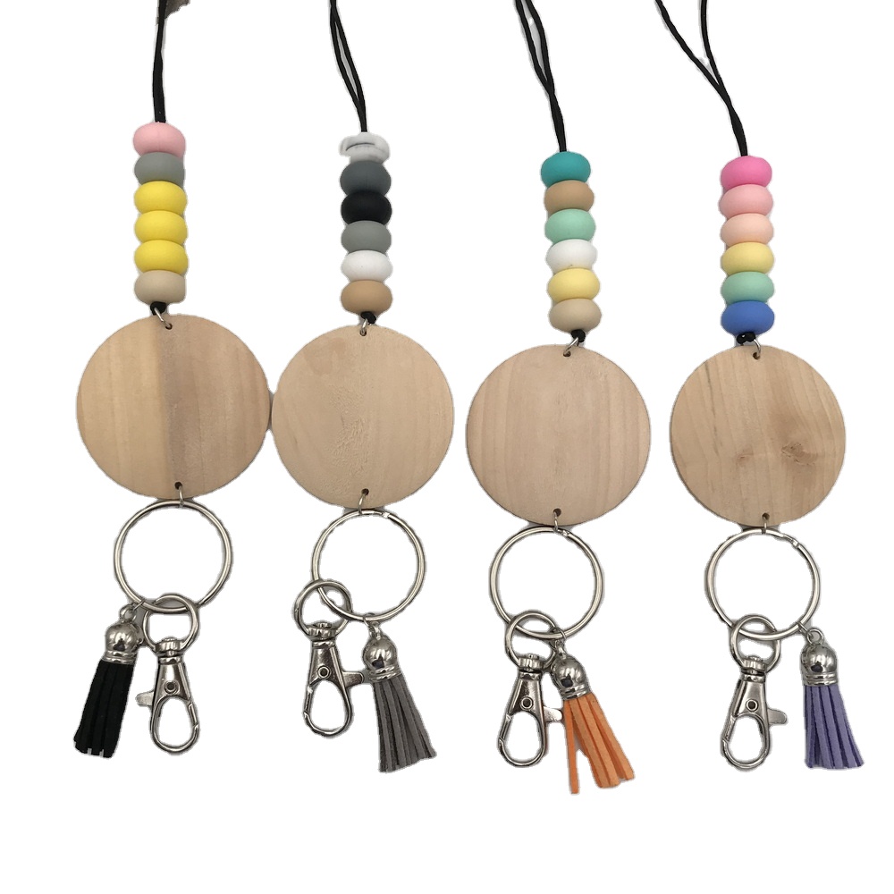 Silicone beads pencil keychain lanyards wooden personalized disc tassel pendant necklace lanyard