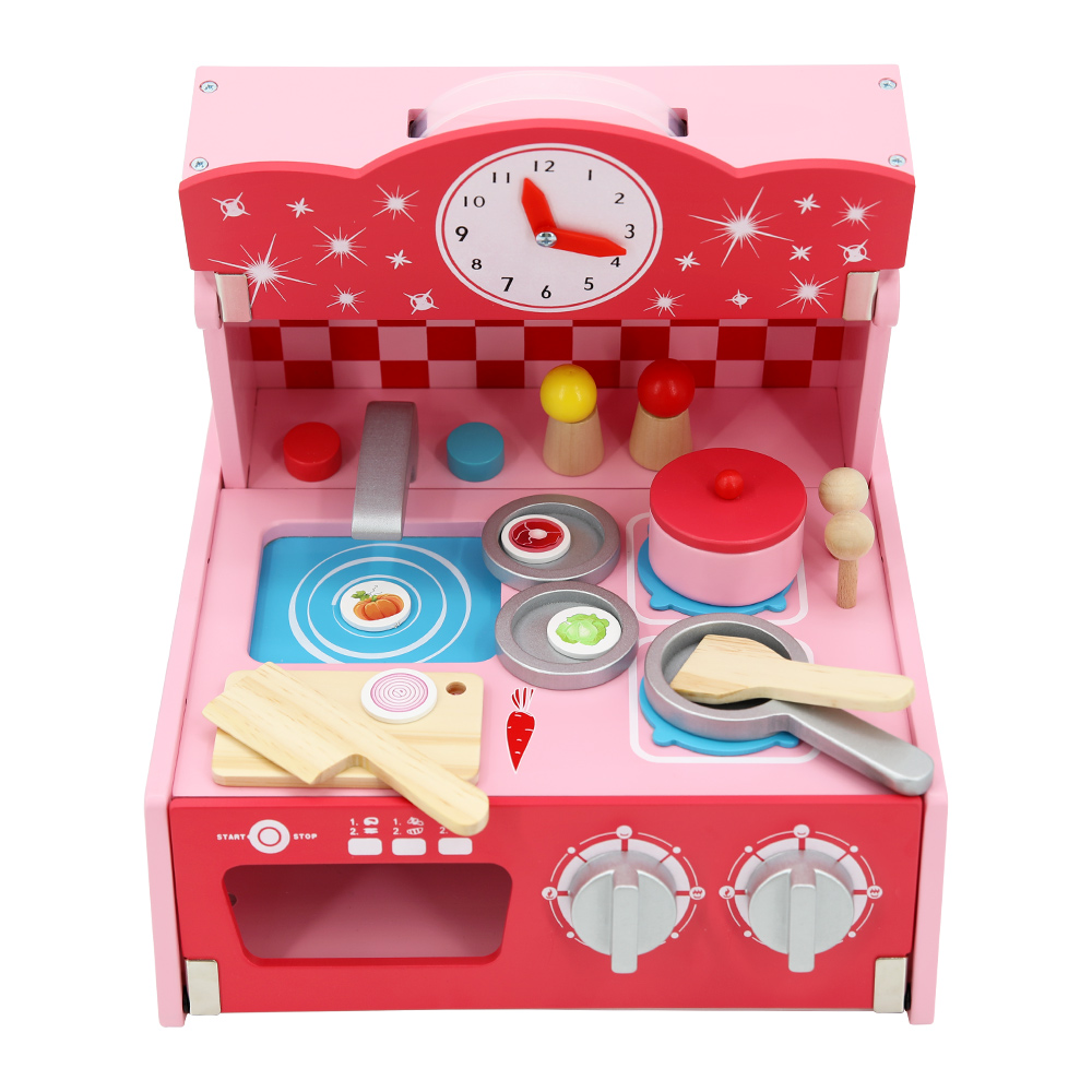 Pretend Children Role Play Toy Pink Portable Folding Wooden Kitchen Toy Set