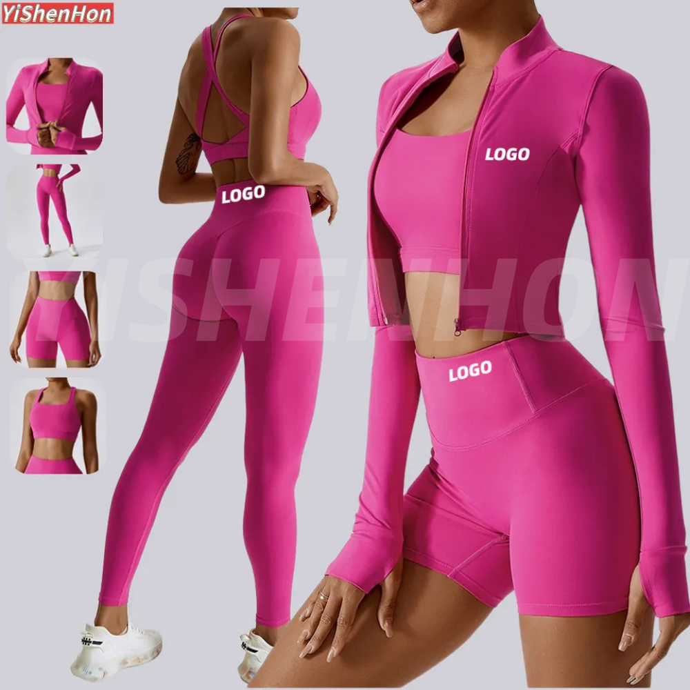 YISHENHON Women's Gym Clothes Kit 4 Piece Yoga Sets Long Sleeve Solid Pattern Sweat Suit Butt Lift Wholesale Fitness Clothing