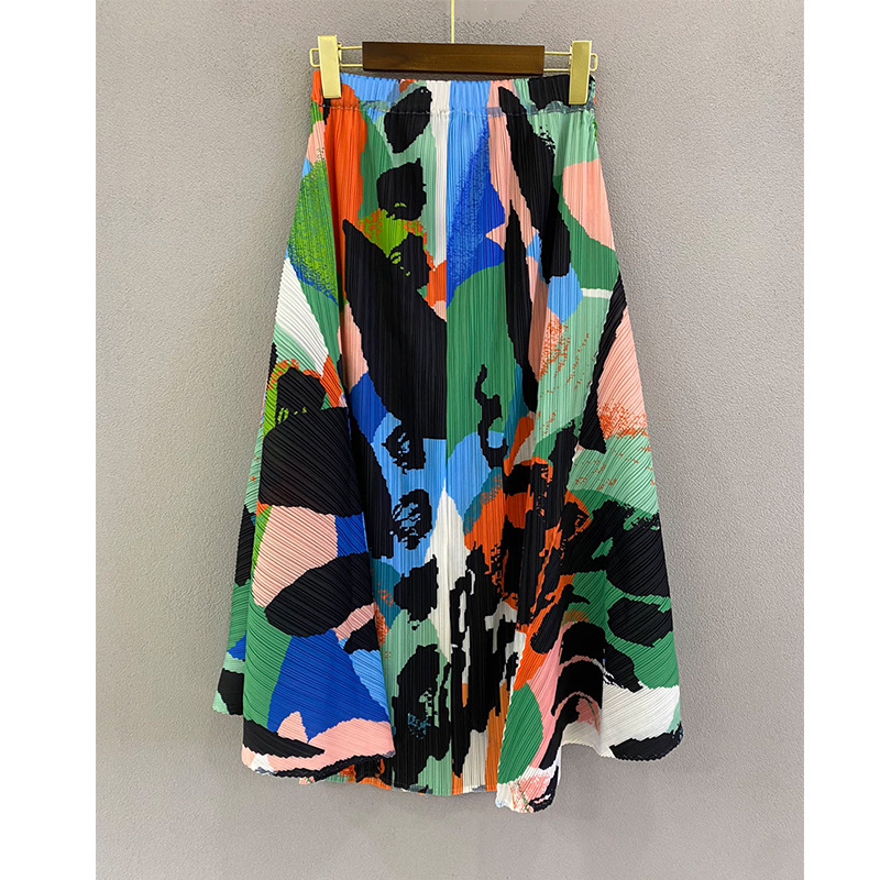 Miyake pleated mid-length women's high waist 2021 Spring/summer fashion printed elastic waist A pleated skirt