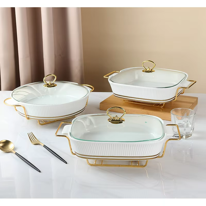 Factory Direct Sell Hotel Used Ceramic Chafing dish Ceramic Buffet Food Warmer With Glass Lid