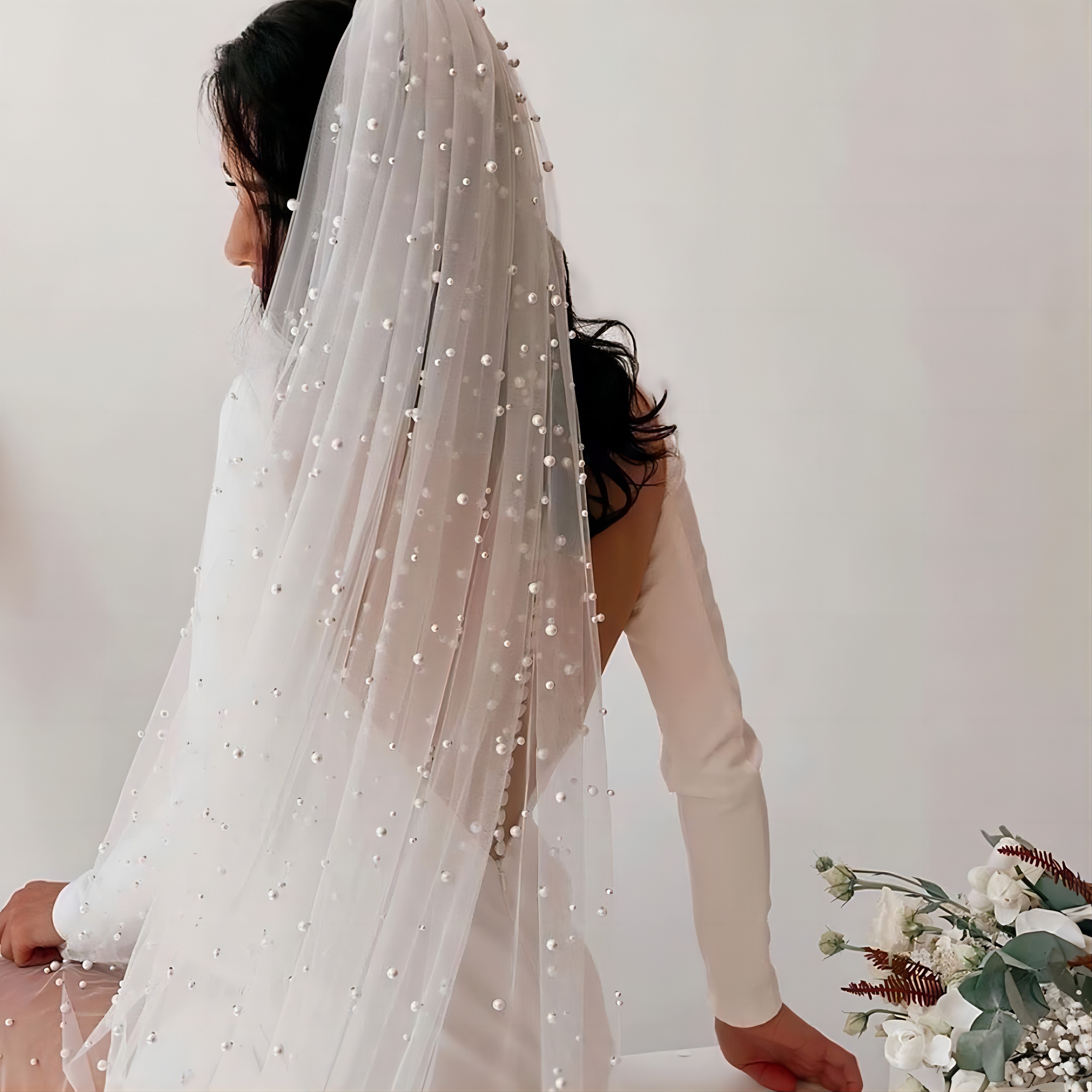Pearl Wedding Veil for Bride 3M Long Bridal Veil with Beading Comb One Layer Cathedral Length White Ivory Wedding Accessory