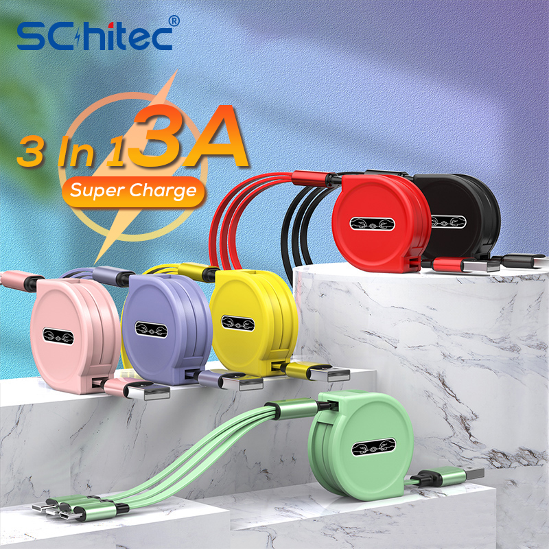 luxury 3 in 1 retractable usb cable flexible 20cm to 110cm fast charging flat cables for huawei xiaomi