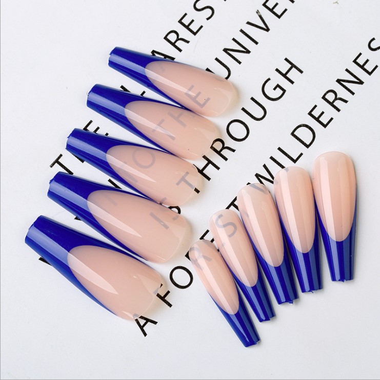 OEM New 20pcs Long Ballerina Press On False Nails 3D Blue Design Artificial Fingernails Unas postizas Full Abs Size With Diamond