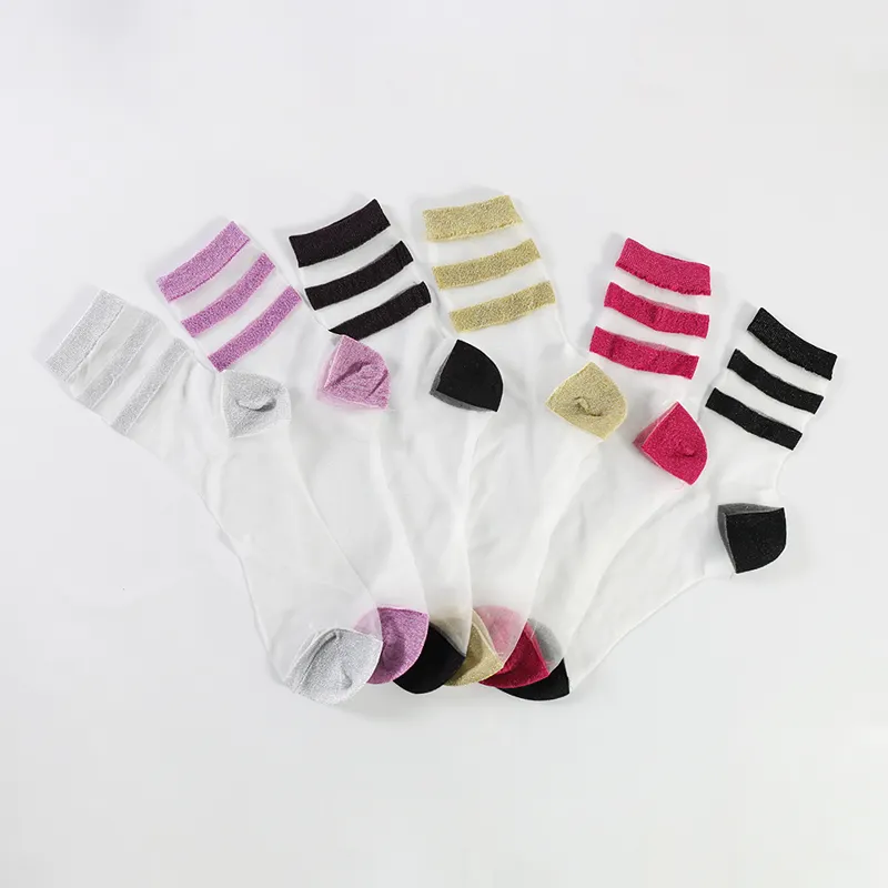 Summer stripes crystal silk ladies novelty transparent women socks fashion