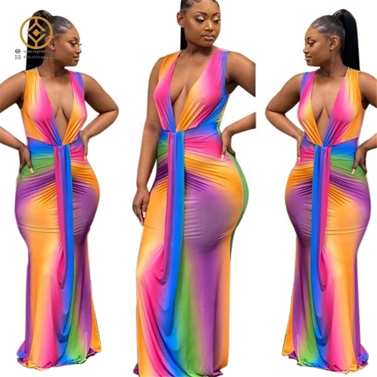 2022 European party ladies deep V neck long dress elegant multi color prom dresses Street style sleeveless print 4XL