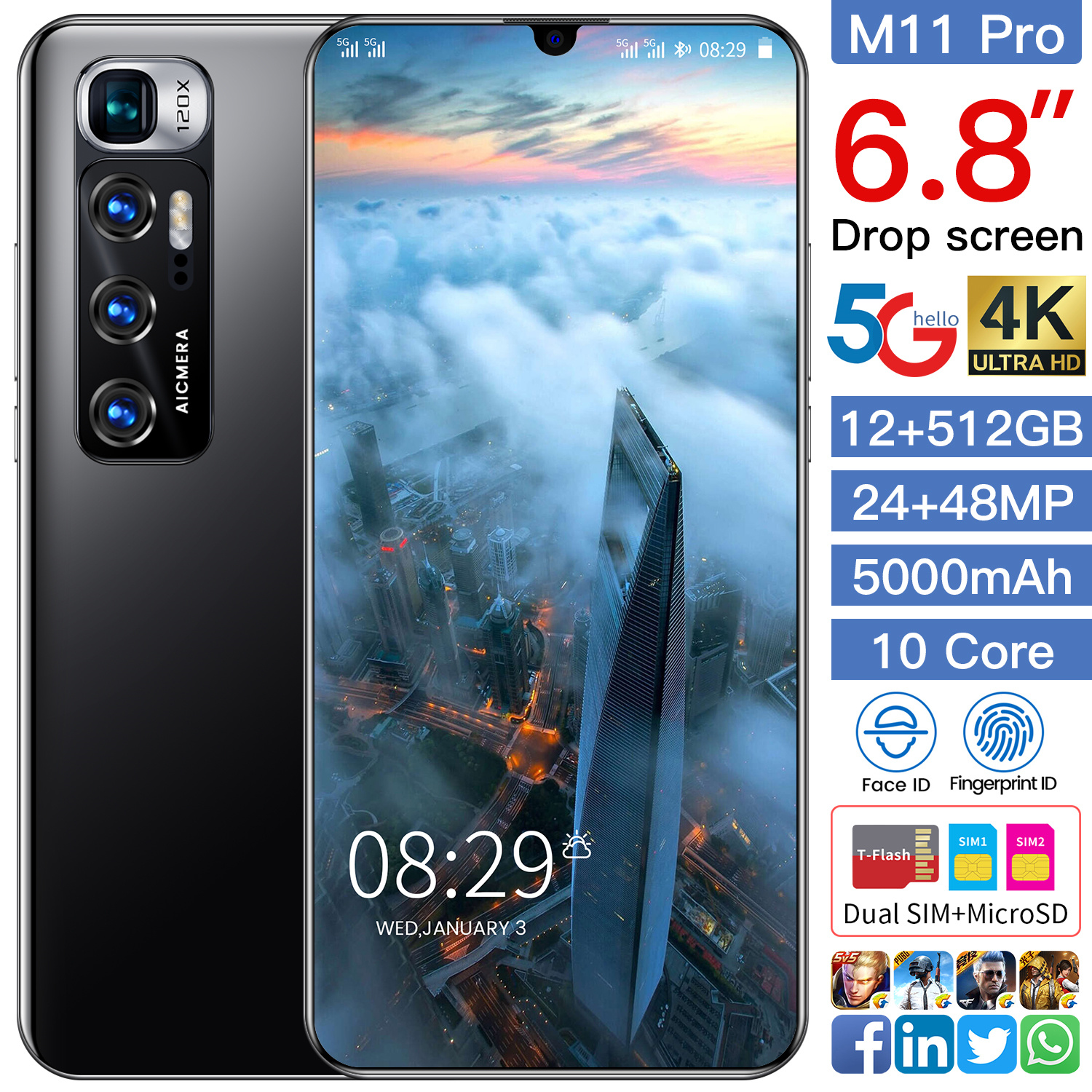 Разблокированный смартфон M11 Pro с функцией распознавания лица и двумя SIM-картами, Android 2021, 12 Гб + 10,0 ГБ, 512 дюйма, новинка 6,8