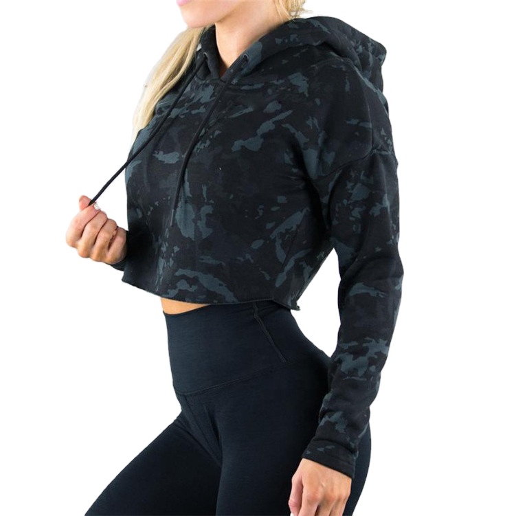95% хлопок 5% спандекс Женская Повседневная Толстовка Спортивная одежда Camo Crop Hoodie