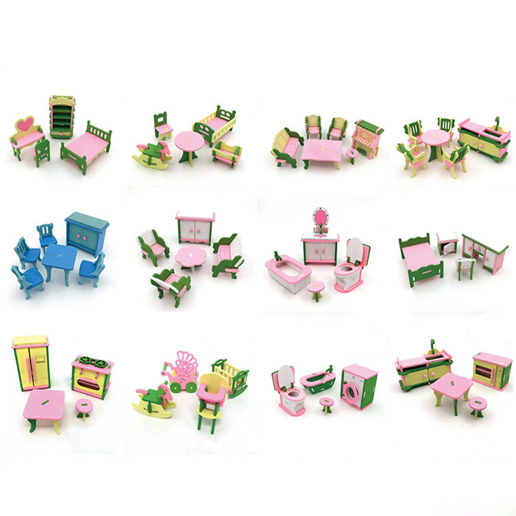Kids Mini Furniture Pretend Wooden Toys for Children Birthday Gifts Colorful Bed Room Wood Toy Sets Kids Cute Small Home Model