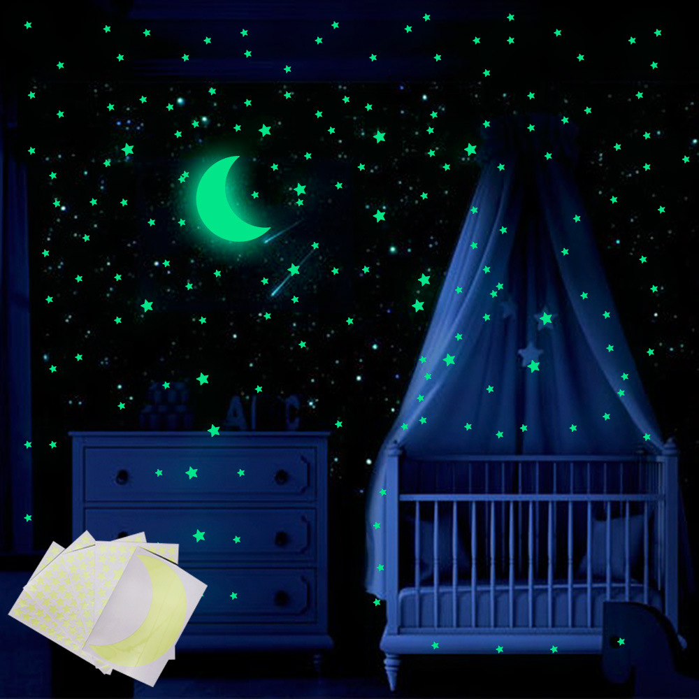 Glow in Dark Stars Ceiling Stickers Bright Star & Moons Room Decor 3D Luminous Wall Stickerss Fluorescent Glowing Stickers