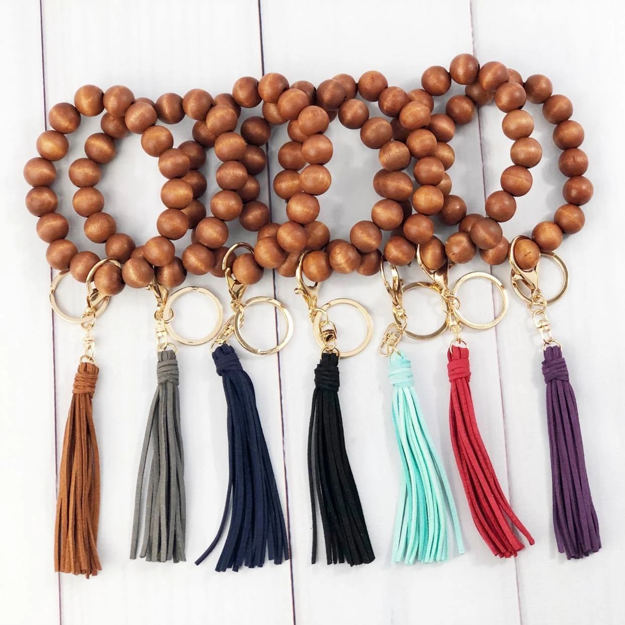 Vintage Wood Rosary String Elastic Bracelet wood beaded bracelet keychain bangle Leather Tassel Keychain