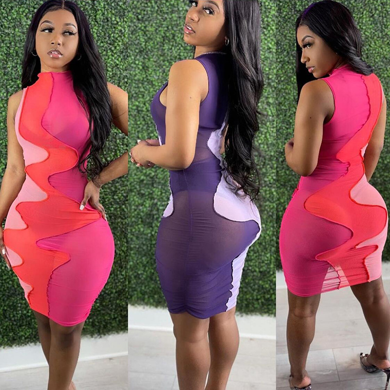 2021 Summer Mesh Print Knee Length Bodycon Dress Party Clubwear Tight See Through Women Stylish Sexy Dress