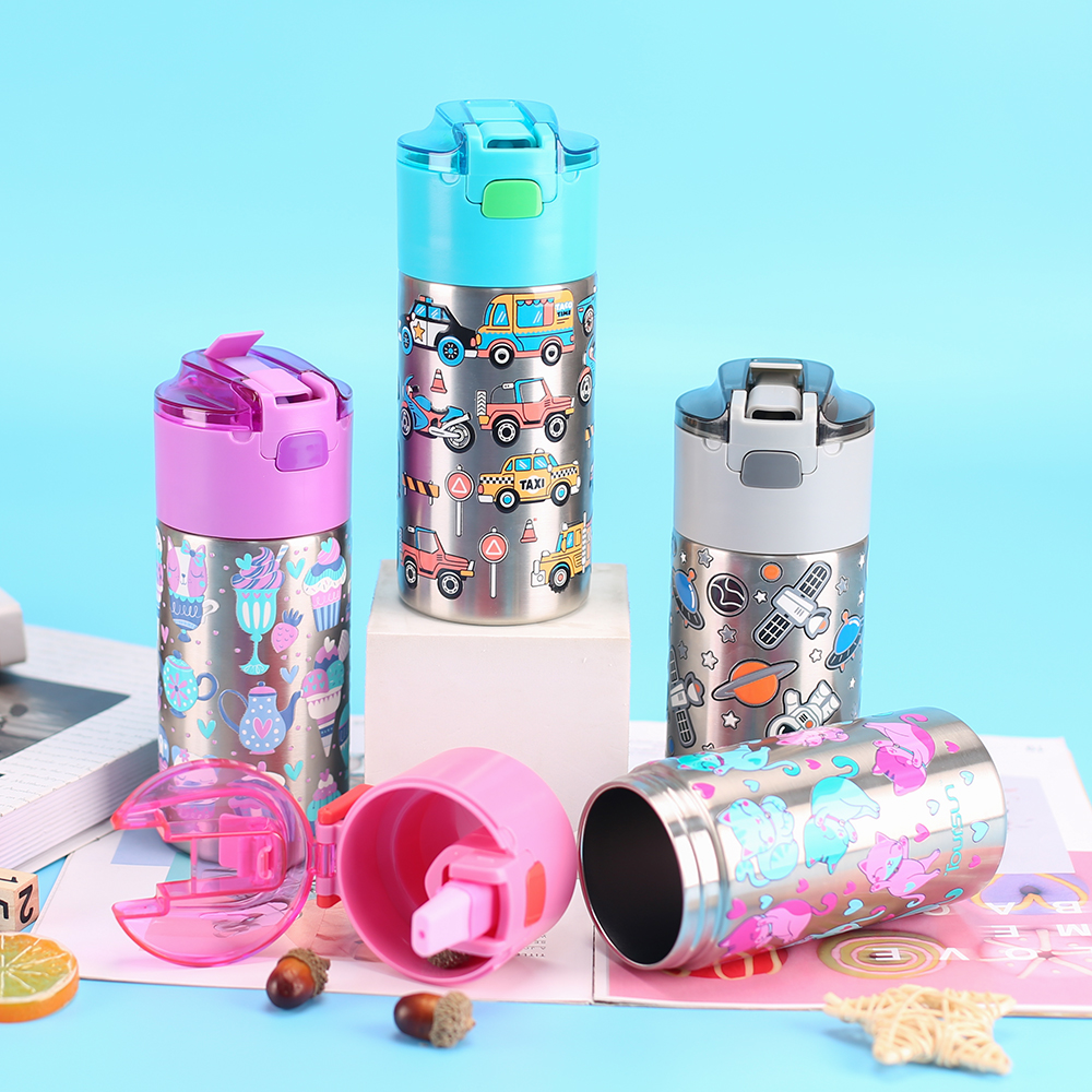 2021 custom design 10oz straw lid double wall vacuum insulated children stainless steel water bottle
