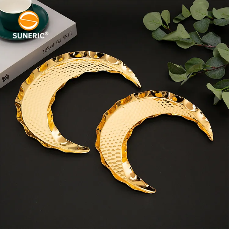 Moon shape Eid mubarak food fruit serving trays metal gold ramadan moon tray