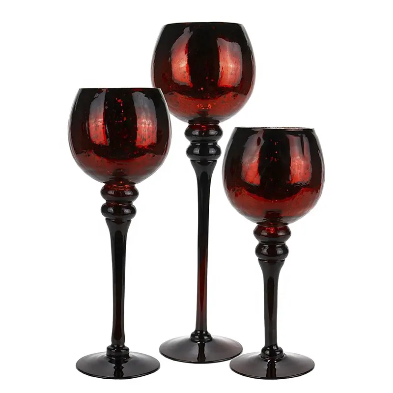 Set of 3 Red Black Mercury Crackle Glass Tealight Holders