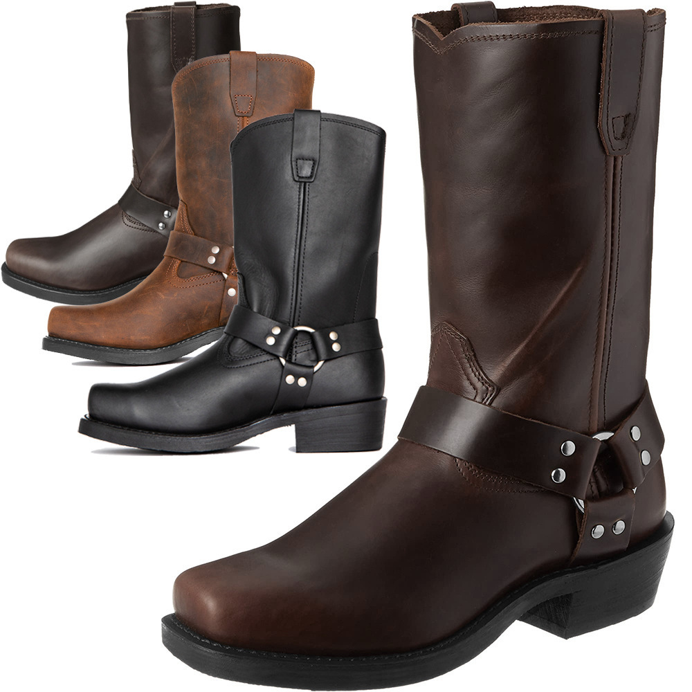 Durable PU Leather Cowgirl Riding Shoes Waterproof square Toe Botas Heeled Western Cowboy Boots for Men