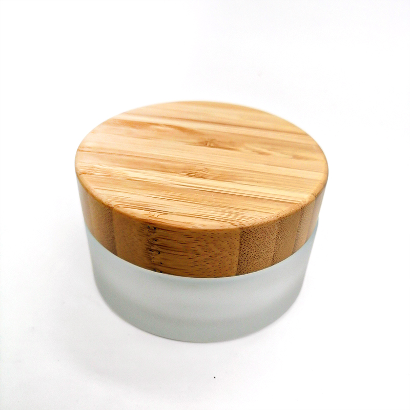 Cosmetic frosted glass cream jar lotion spray pump bottle friendly ecological bamboo lid wood cap skin care packaging