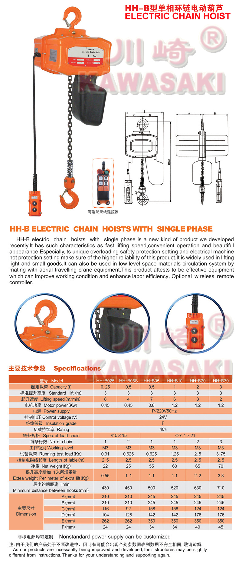 Kawasaki Single phase 220V Electric Hoist 1 Ton 2 ton 3 ton 5 ton  3m 6 meter electric chain hoist