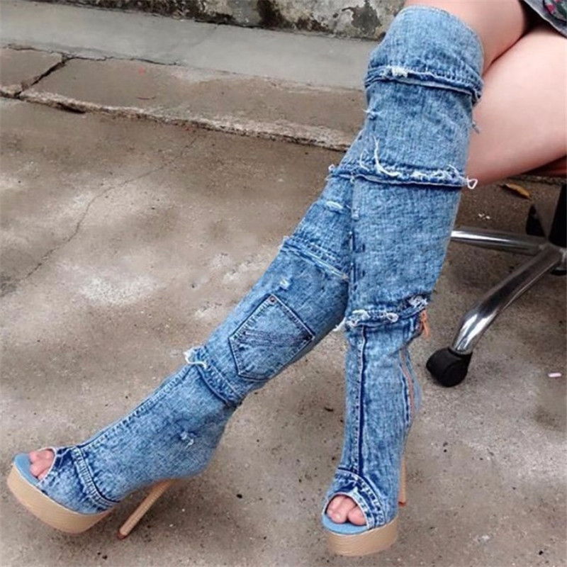 2020 European winter bling women elegant broken holes denim jeans knee-high thick high heels boots