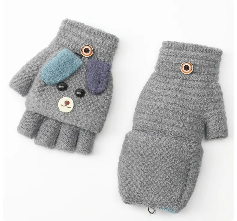 Children's flip gloves, women's lovely winter five fingered children's plush cartoon school girls' wool knitting