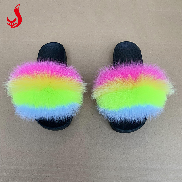 Fashion summer custom logo soft EVA sole luxury fluffy pink slides furry slipper women