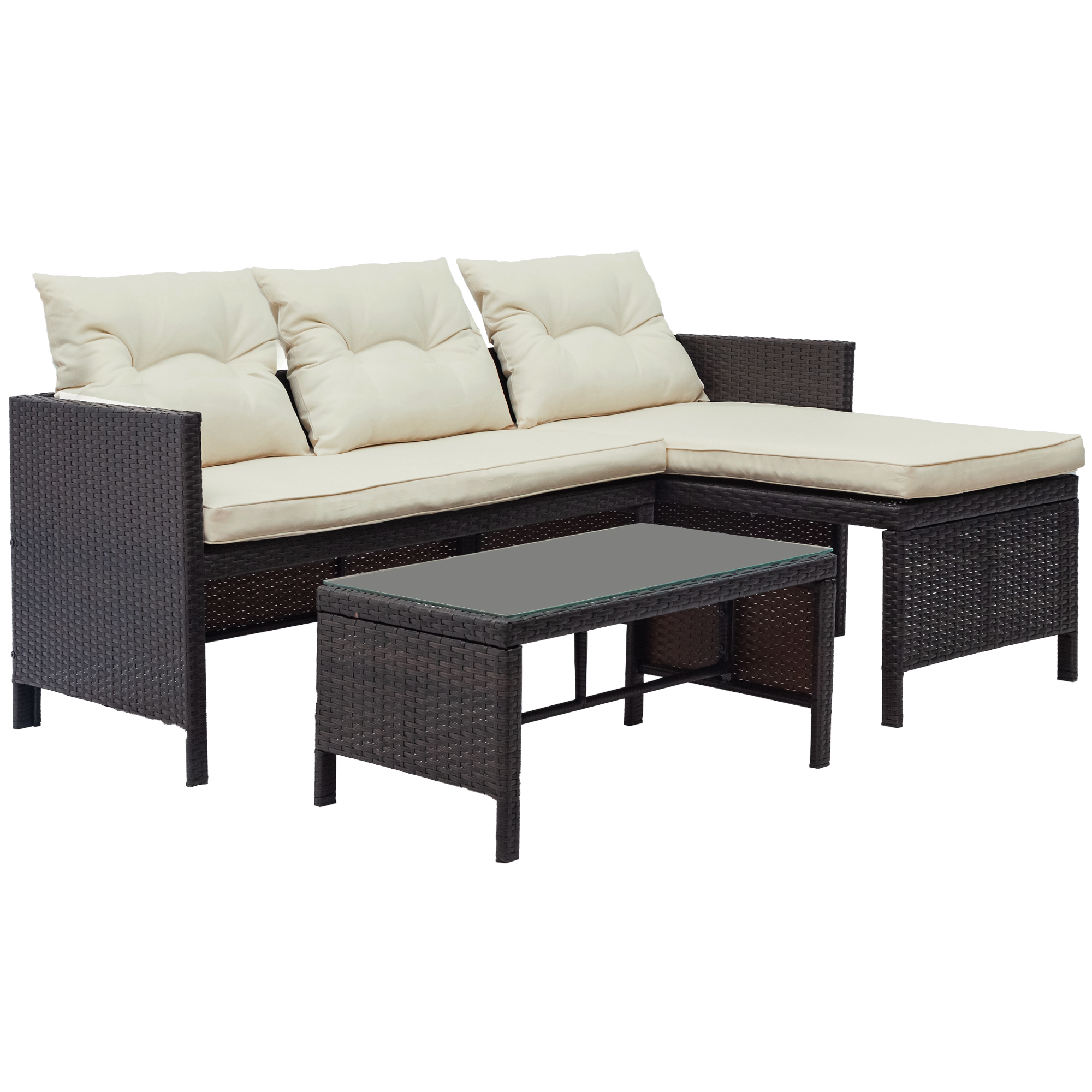 3 PCS Outdoor Rattan Furniture Sofa Set with cushions features a two seater sofa,lounge sofa and a coffee table