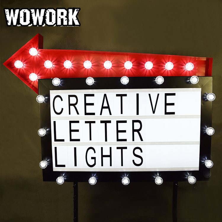WOWORK DIY 3D spelling words wedding props light box Cinema sign with lighted up arrow and tensile frame