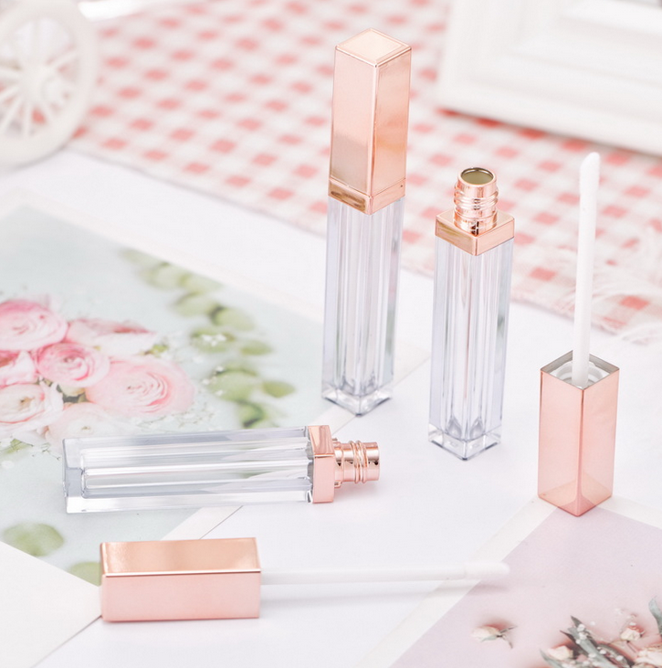 5ml Lipgloss Container Empty Square Pink Lip Bottle Rose Gold Lip Gloss Brush Tube