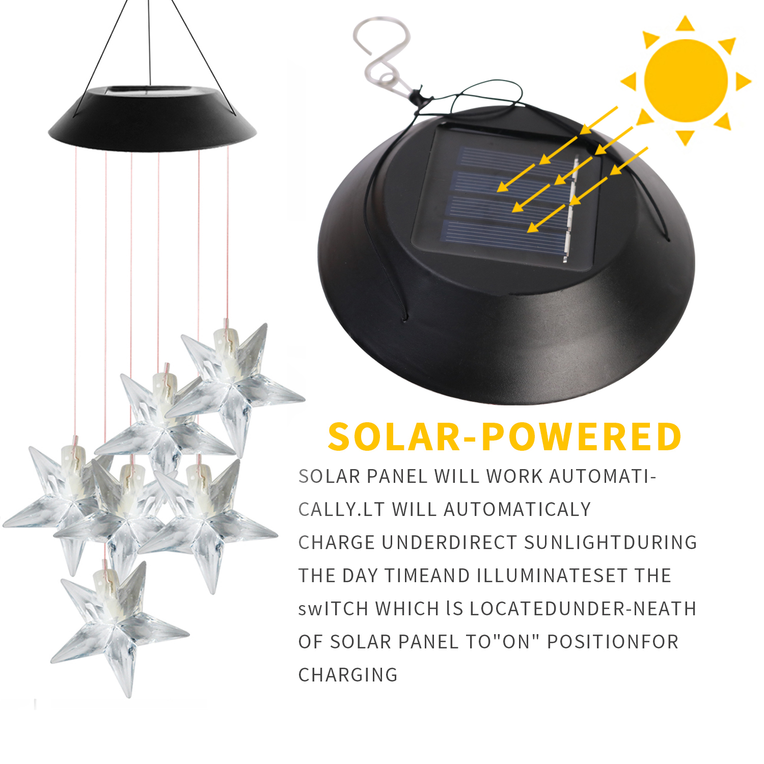 Dropshipping Solar Power Light Decoration Girls Waterproof Romantic Colorful Stars Shape Wind Chimes Trendy Design