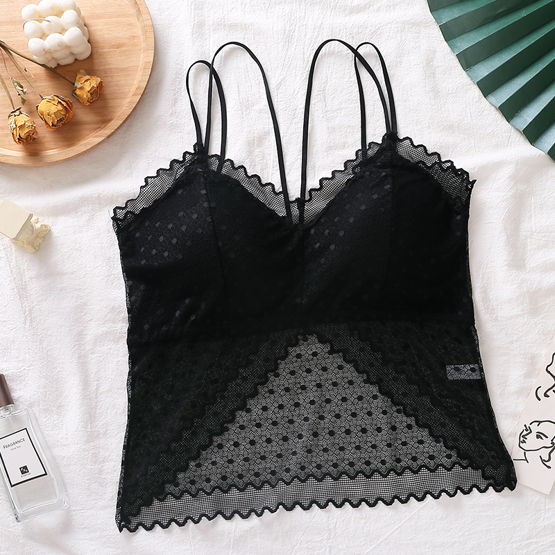 Full lace without underwire long vest close-fitting with cup pad bra female romantic halter hollow-out lace vest