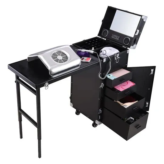 Black Cosmetic Workstation Folding rolling Portable case nail tech tables manicure