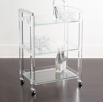 Изготовленный на заказ акриловый Lucite винный сервировочный бар тележка с колесами для домашнего использования