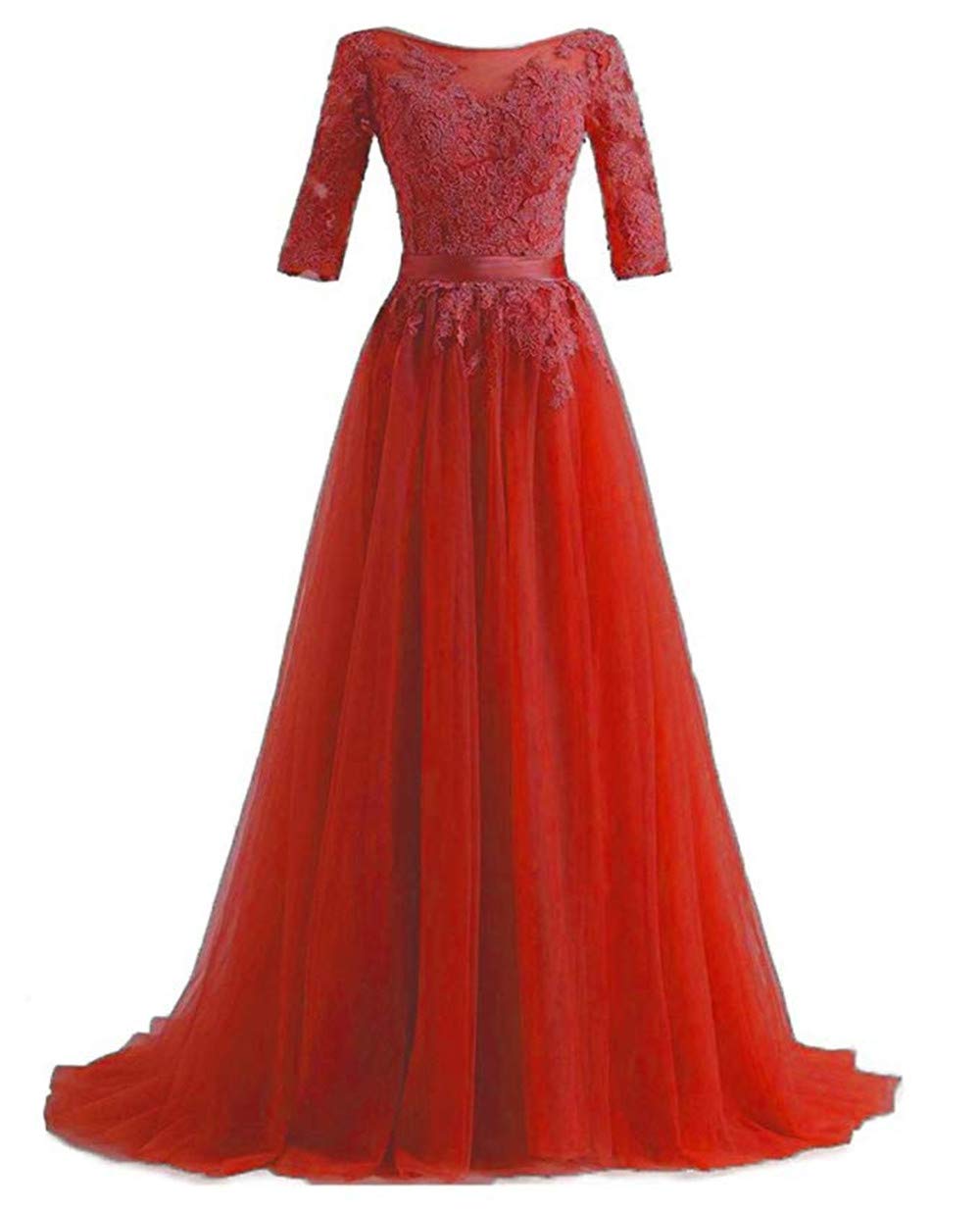 Spring 2021 Half Sleeves Scoop Tulle Long Appliqued Sweep Train Prom Dress Vestido De Festa Longo Formal Dress