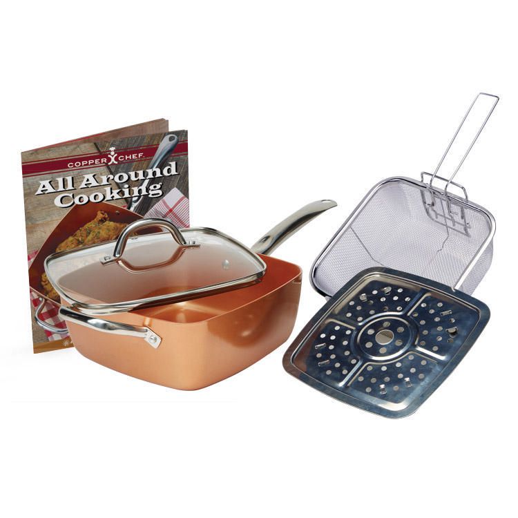 Copper 9.5 Inch Square Deep Chef Frying Pan With Lid - Skillet With Non Stick Coating Cookware For Saute And Grill