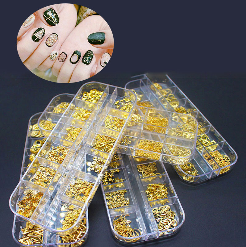 Коробка из 200/300 наклеек для ногтей DIY, 12 ячеек, большая коробка, смешанные и сочетающиеся различные стили, металлический материал, ювелирные украшения для ногтей, пластырь