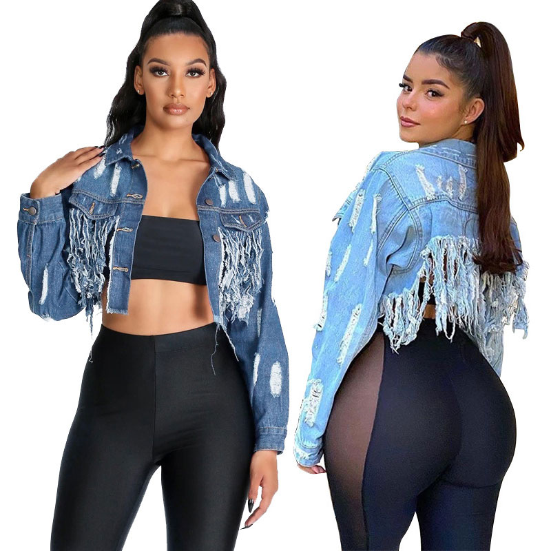 Tassel Ripped Sexy Backless Blue Jean Denim Short Jacket Women