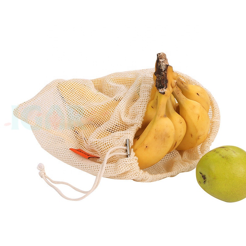 SMALL GRID Reusable Mesh Produce Bags Eco-Friendly Natural Healthy Organic Cotton Drawstring Net Bag for Grocery 43x28cm