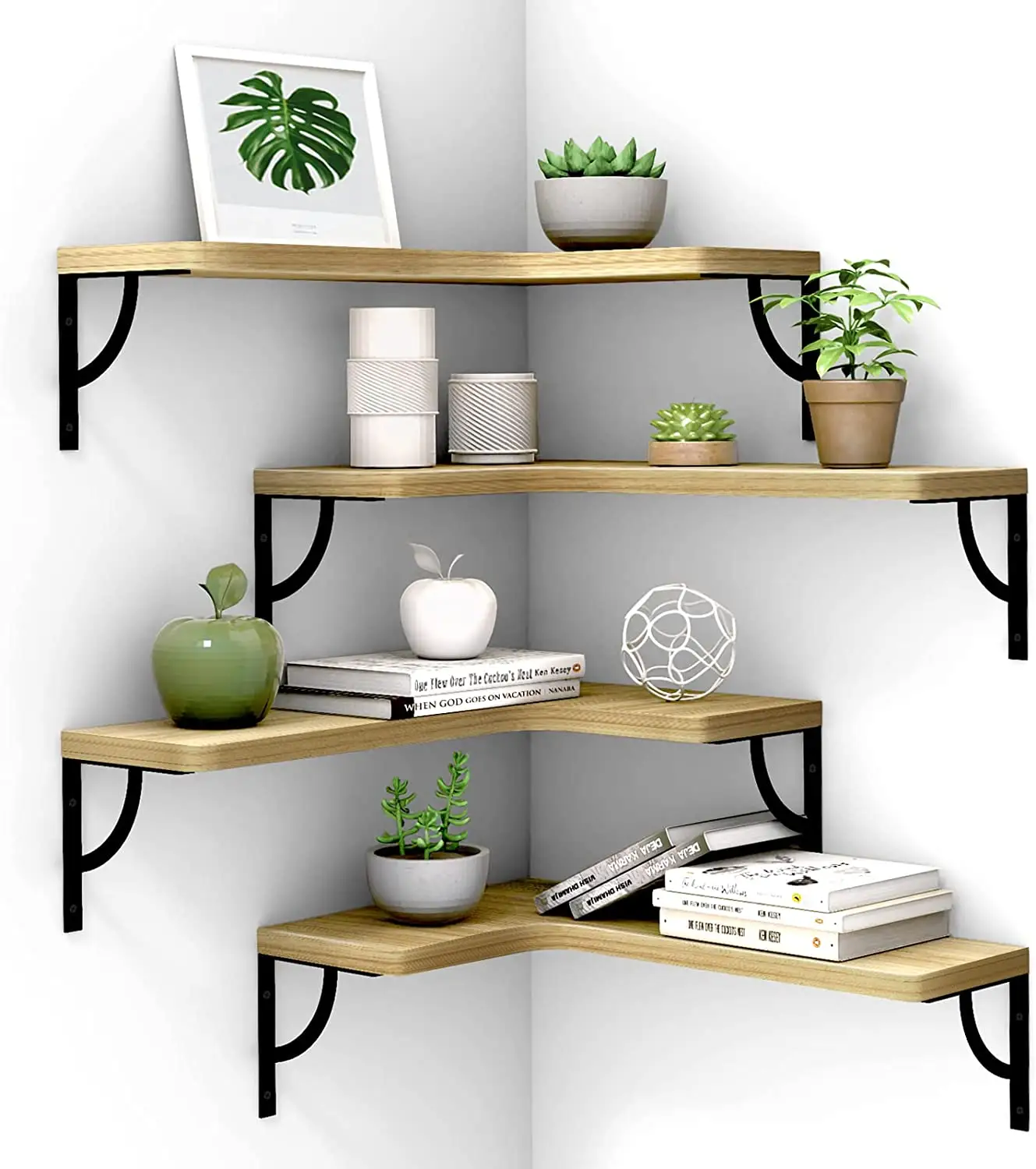Corner Floating Shelves Wall Mounted Set of 4 Wood Display Storage Wall Shelves for Living Room, Bedroom, Office, Bathroom