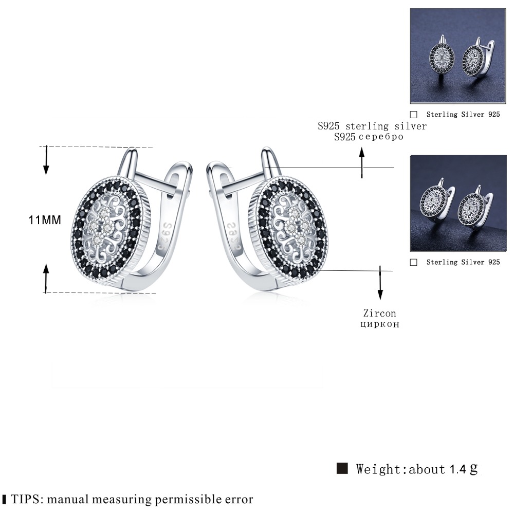 Classic 925 Sterling Silver Round Black Trendy Spinel Engagement Hoop Earrings for Women Fine Jewelry