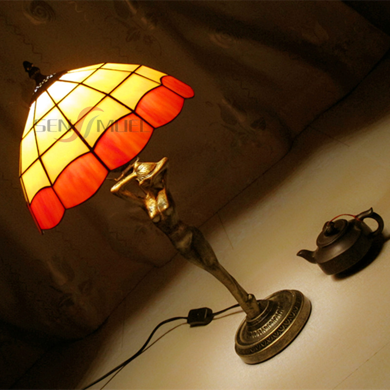 Vintage copper base tiffany style yellow lattice LED table lamp