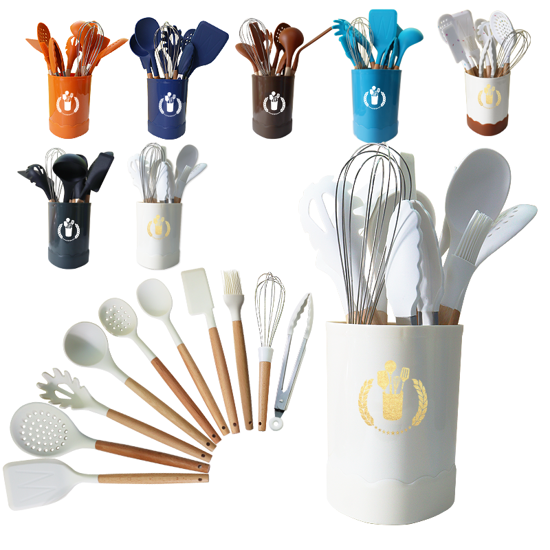 RAYBIN wholesale private label cooking conina Non-Stick Heat Resistant wooden 11 12pcs silicone kitchen utensils