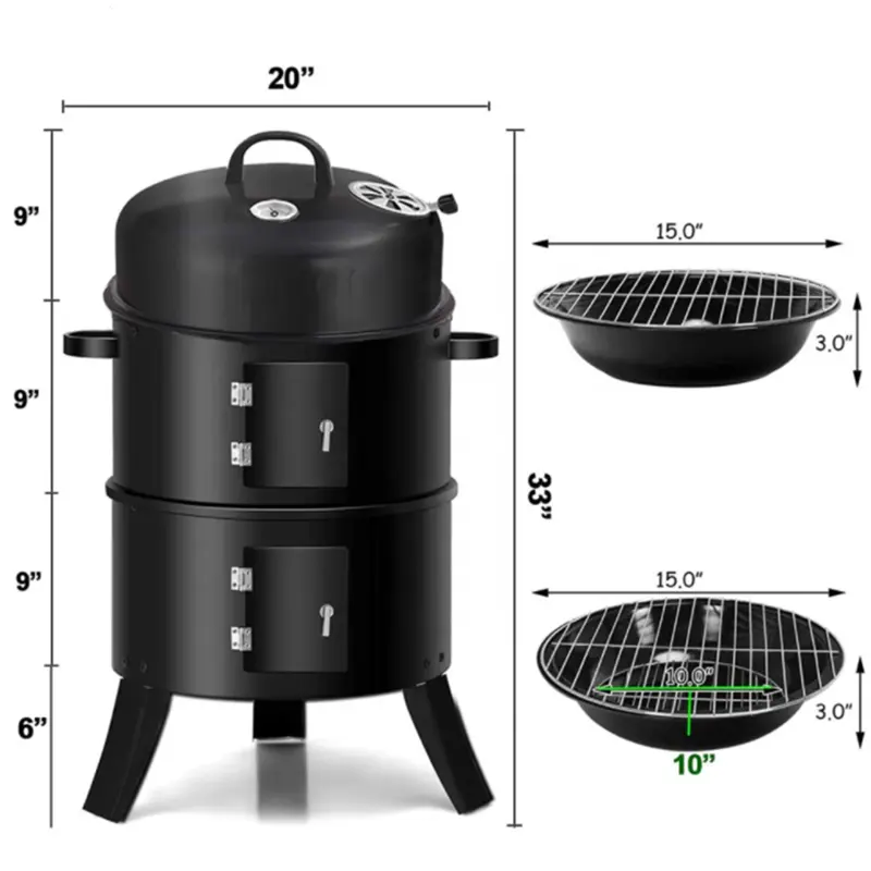 Household cheap black cylindrical Smokers Outdoor toaster/Small smoky cast Iron oven/Three layer circular Charcoal BBQ grill