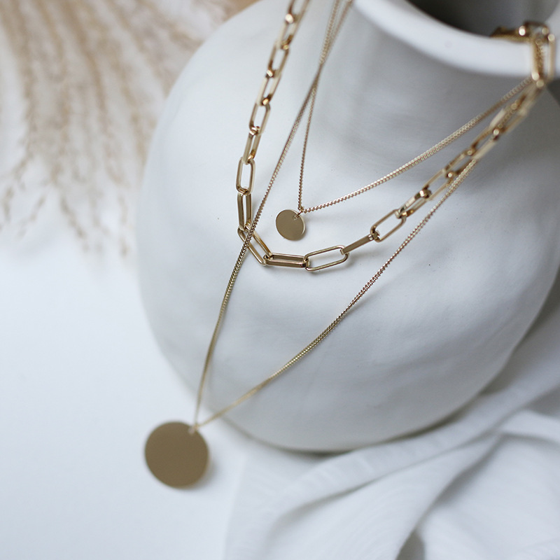 Sweater Fashion Jewelry Multi Layer Link Chain Titanium Steel Necklace 14k Gold Plated Disc Stainless Steel Necklace