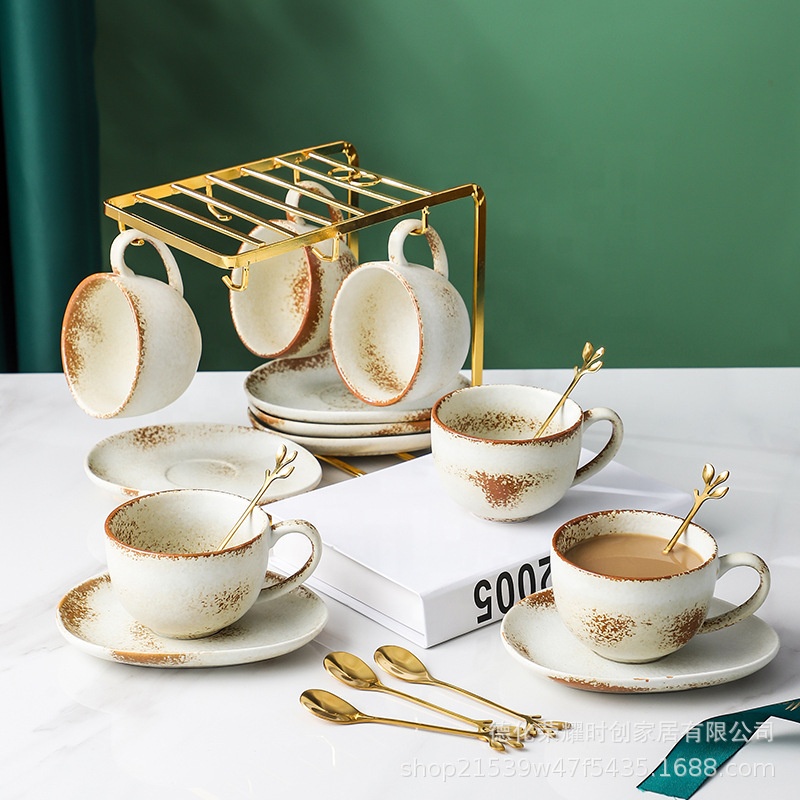 Japanese Style Antique Design 230ml Ceramic Coffee Cup with Saucer Stoneware Water Mug Spoon Set with Golden Iron Rack